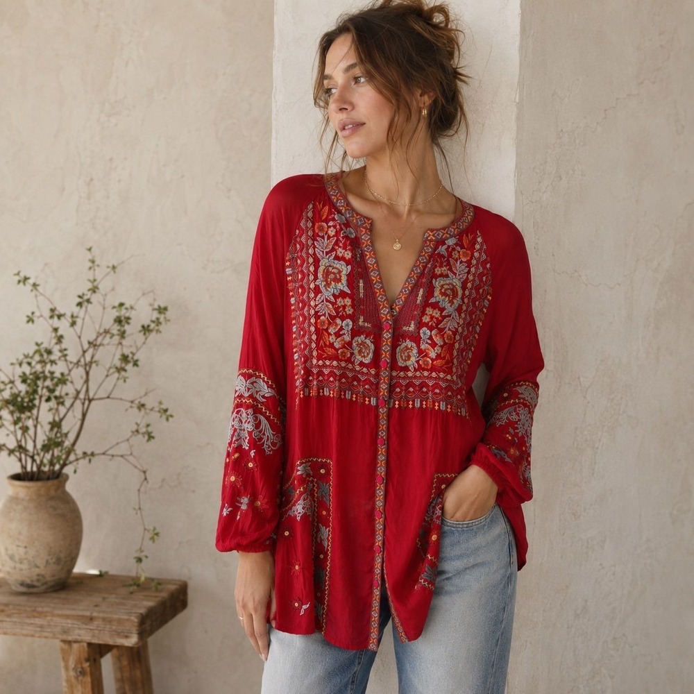 Johnny Was Embroidered Top Size Large Red Embroidered Luxury Boho